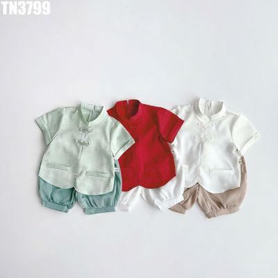 Set Bé Trai Áo Cổ Tàu Hoa Chìm Phối Quần Lửng Bo Gấu Ba Màu MINTSCLOSET TN3799