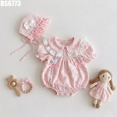 Body Sơ Sinh Bé Gái Hồng Hoa Nhí Cổ Lá Sen Phối Mũ Bonnet MINTSCLOSET BS6773