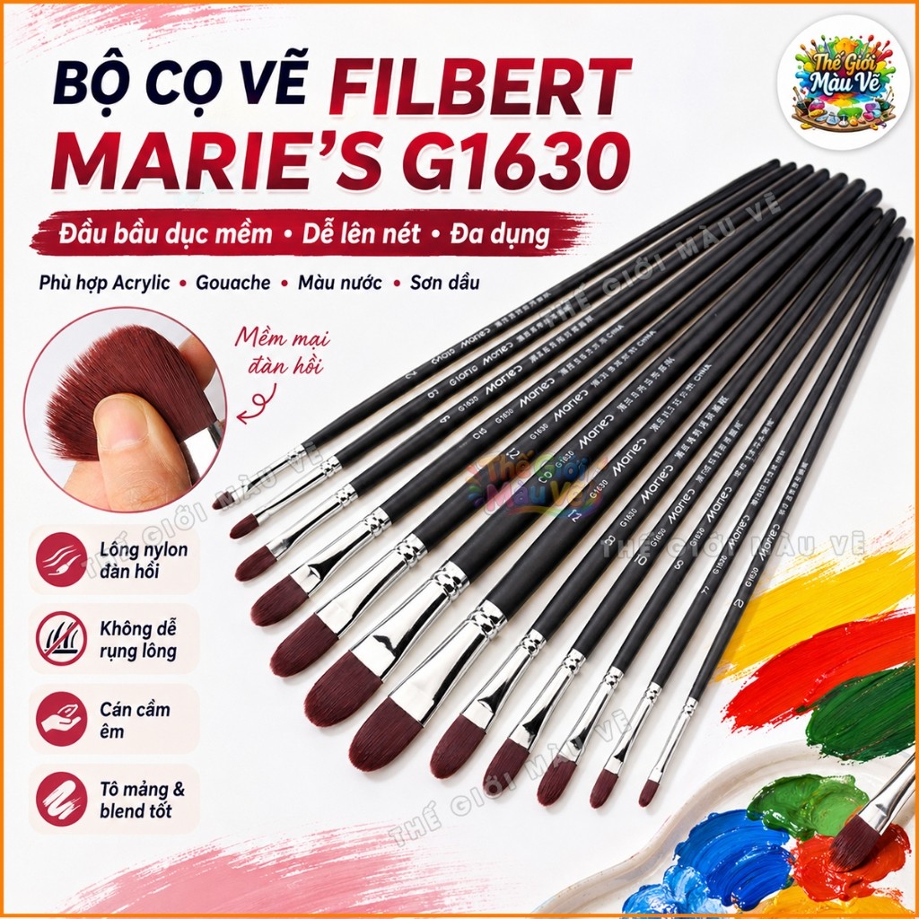 Cọ Filbert Marie’s G1630 Đầu Bầu Dục – Cọ Vẽ Mỹ Thuật Cao Cấp Lông Nylon Mịn, Vẽ Màu Nước, Acrylic, 
