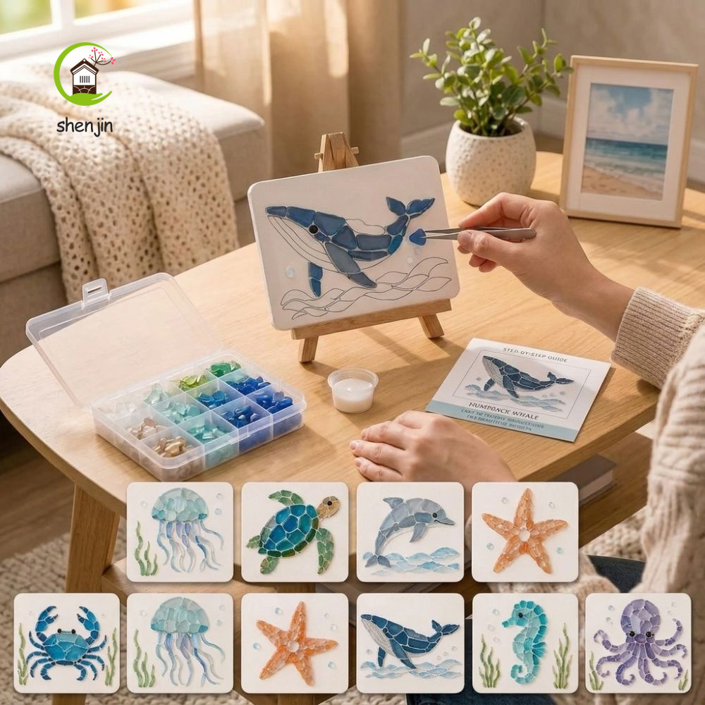 shenjin SHENJIN Ocean DIY Sea Glass Art Kit, Sea Creature Ocean Inspired Glass khảm Craft Set, Quà t