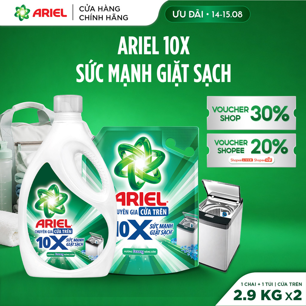 [ƯU ĐÃI] Combo Chai nước giặt Ariel Gel Cửa Trên 10X 2.9KG + 1 Túi nước giặt 10x Cửa Trên 2.9kg