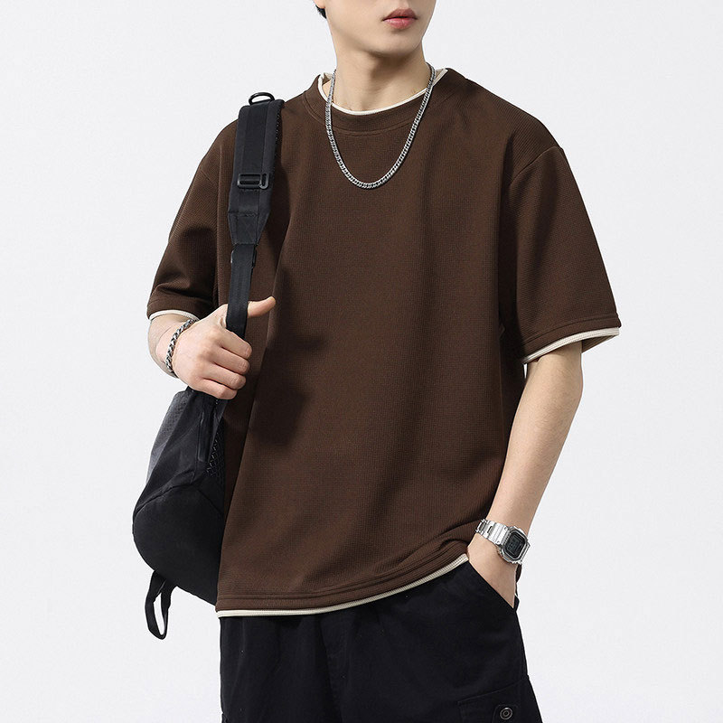Áo nam Áo thun thời trang tay ngắn Hàn Quốc Áo thun hai mảnh cổ tròn Waffle Tee Baju Waffle T áo sơ 