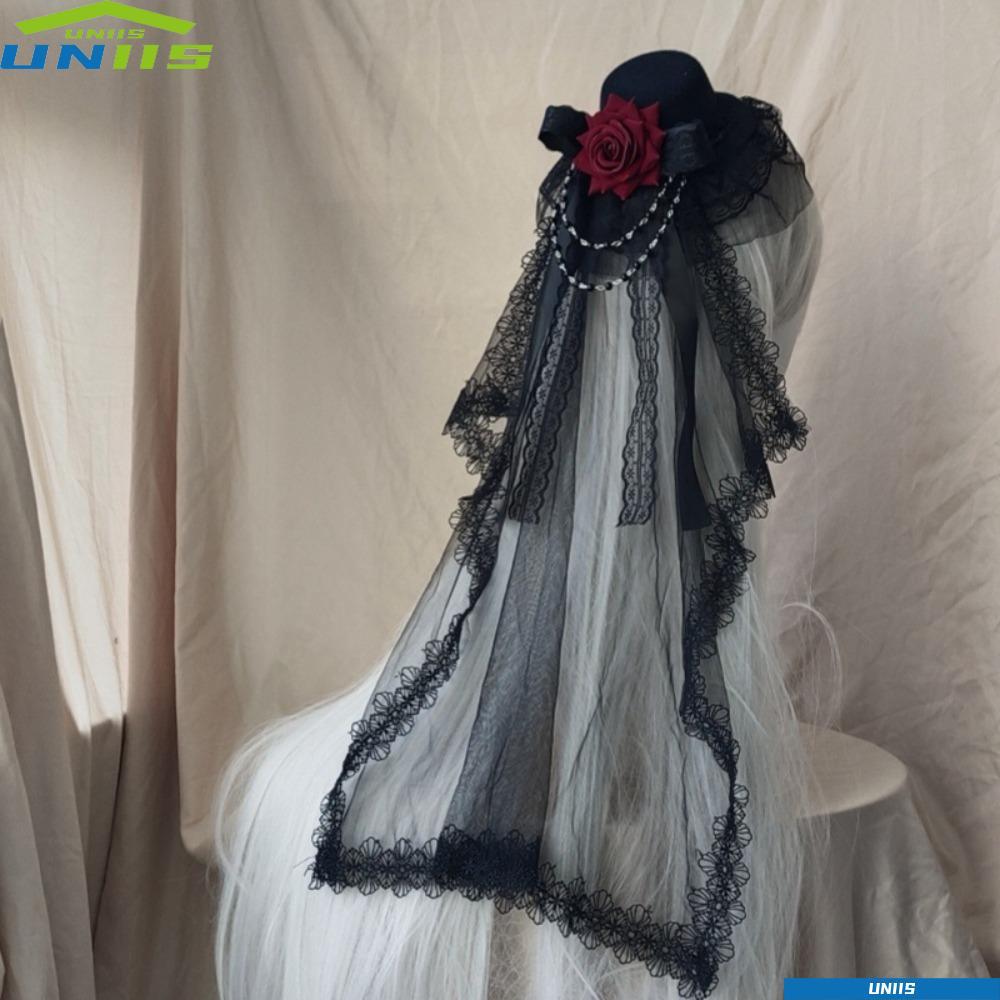 Mũ đội đầu UNIIS Lolita, Gothic Dark Flowers Bow Decor Gothic Veil Rose Top Hat, Trang phục Cosplay 