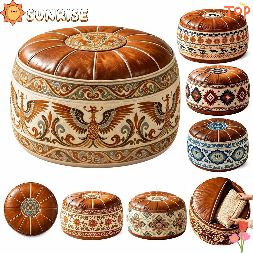 SUNRISE Storage Ottoman, Da PU Phong Cách Ma-rốc Có Thể Lấp Đầy Ottoman Pouf, Hình Tròn Thêu Họa Tiế