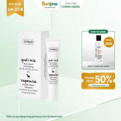 Kem dưỡng ẩm giảm thâm quầng mắt, đều màu da sữa dê Ziaja Goat's Milk Eye Cream Nourishing Dry & Wrinkle-Prone Skin 15ml