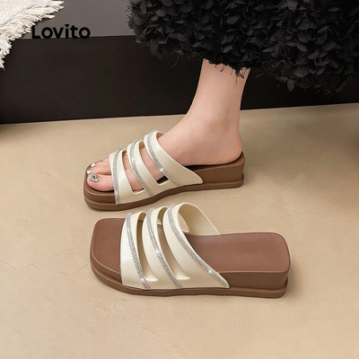 Lovito Sandal Đế Bằng Kiểu Hàn Quốc Đính Đá Lấp Lánh Quai Đơn Màu Trắng Ngà Thích Hợp Cho Nữ LFA115001