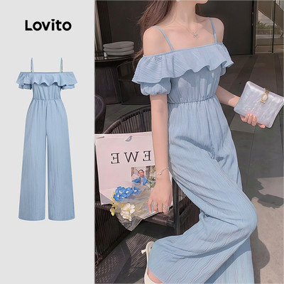 Lovito Bộ liền nữ phong cách thường ngày nhún bèo có khóa kéo màu xanh dương mùa xuân/hè LK4ED818