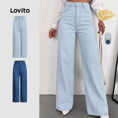 (New Arrival) Lovito Quần jean nữ màu xanh nhạt khóa kéo nút phong cách casual mùa thu/đông LNL148141