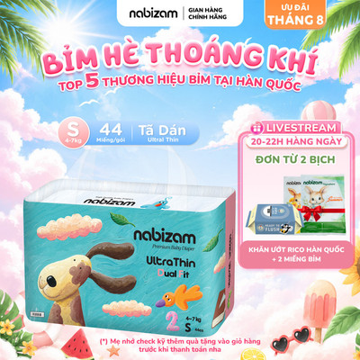 [TÃ DÁN] Tã/Bỉm Dán Nabizam UltraThin Nội Địa Hàn Lõi Thấm Hút 3 Lớp Size S44 Cho Bé Từ 4-7kg, 44 Miếng
