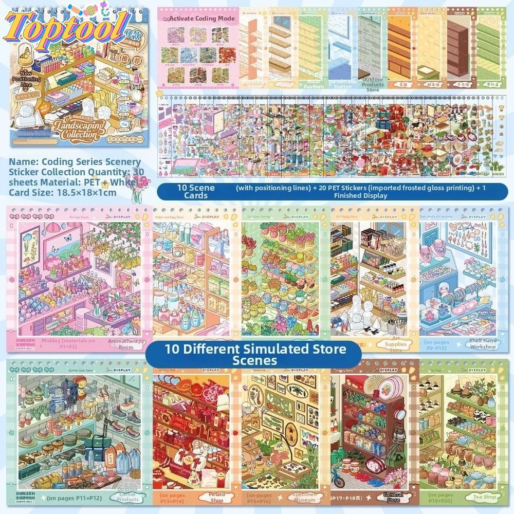 TOPTOOL Sticker Book, Store Series 30 Tờ Mini Scene Sticker, PET Minh họa tinh tế Die-cut Shop Scene