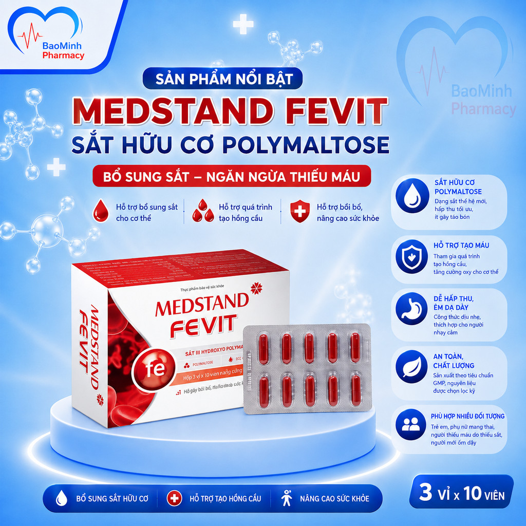 Medstand Fevit – Viên Bổ Sung Sắt & Acid Folic Cho Bà Bầu, Phụ Nữ Mang Thai & Sau Sinh (Viên Bổ Máu)