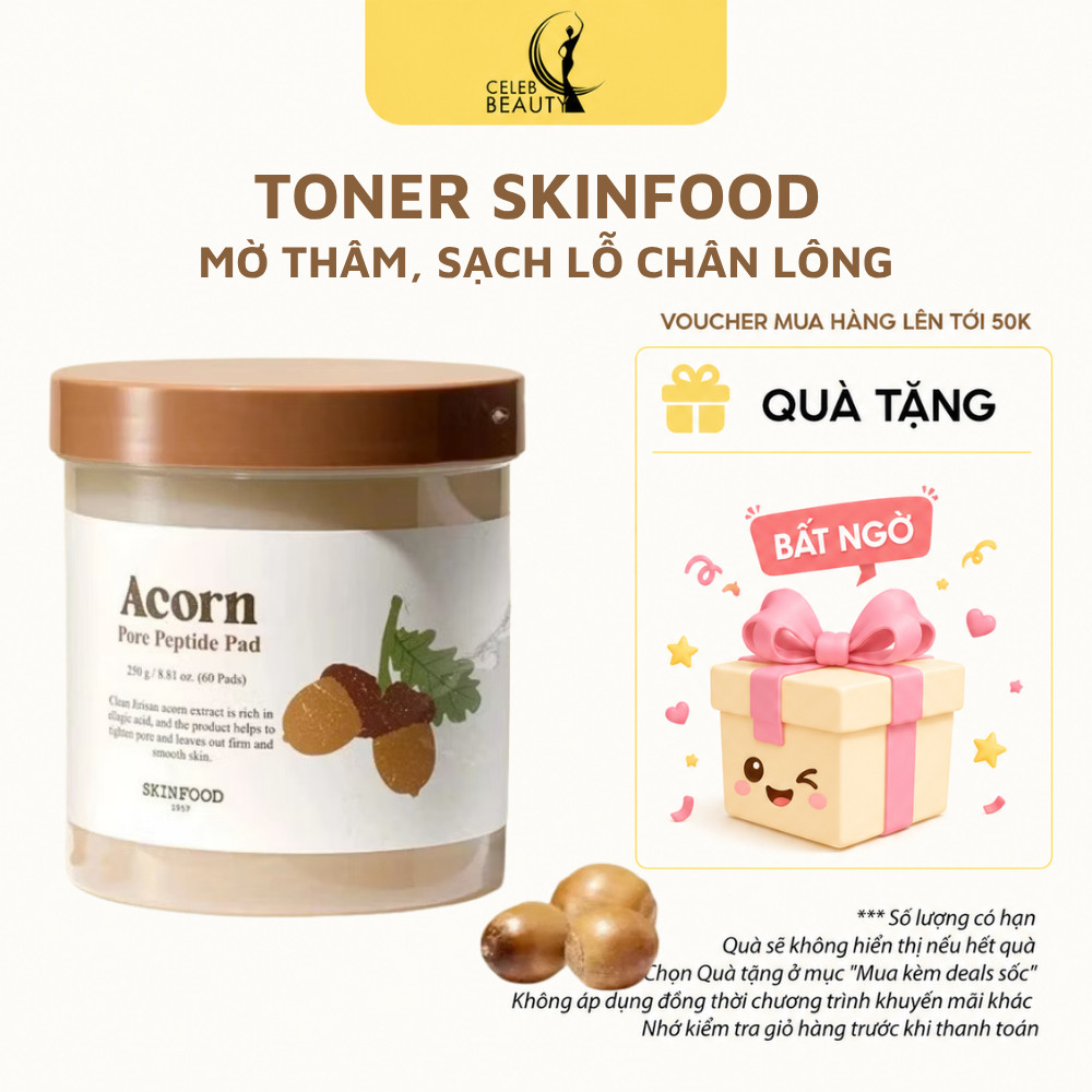 Hộp 60 Miếng Bông Quả Sồi SKINFOOD Acorn Pore Peptide Pad 60 Miếng - Mờ Thâm, Sạch Lỗ Chân Lông
