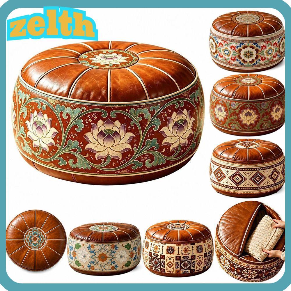 ZELLH Storage Ottoman, Da PU Họa Tiết Thêu Có Thể Lấp Đầy Ottoman Pouf, Hình Tròn Phong Cách Ma-rốc 