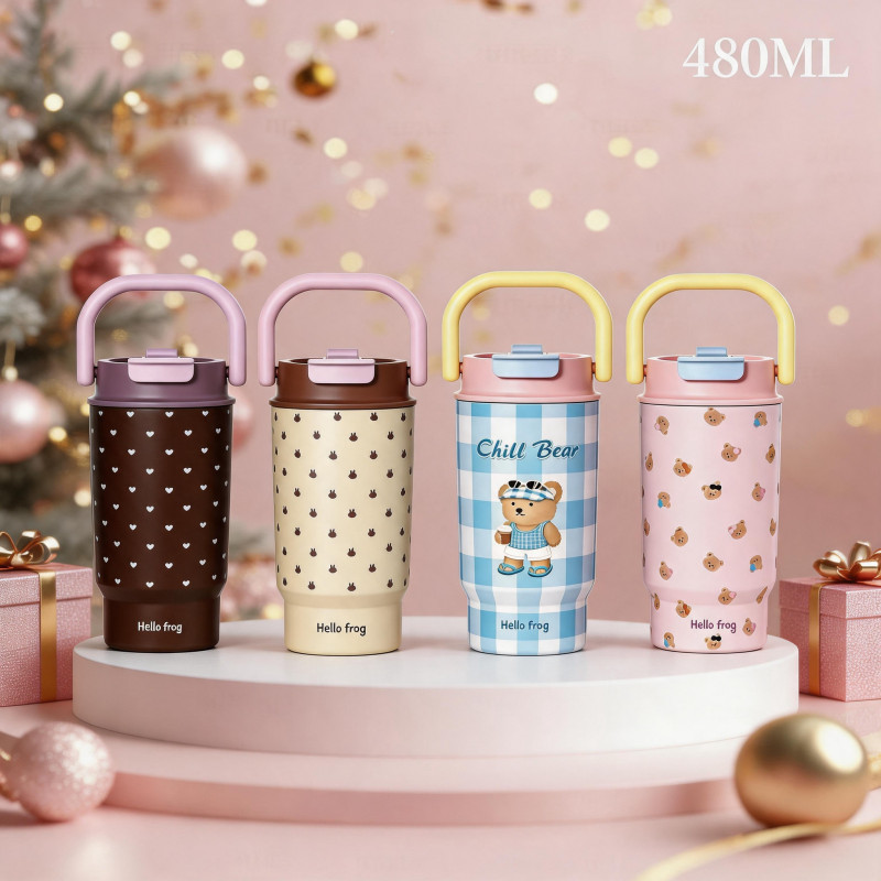Ly giữ nhiệt tráng sứ Inox 316 480ml - Cốc cà phê lòng sứ chống rò rỉ, có ống hút đa dụng