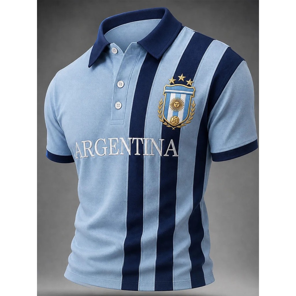 Argentina 3 sao Sun of May Crest Áo sơ mi Polo nam tay ngắn sọc dọc, bầu trời nhẹ màu xanh hải quân 