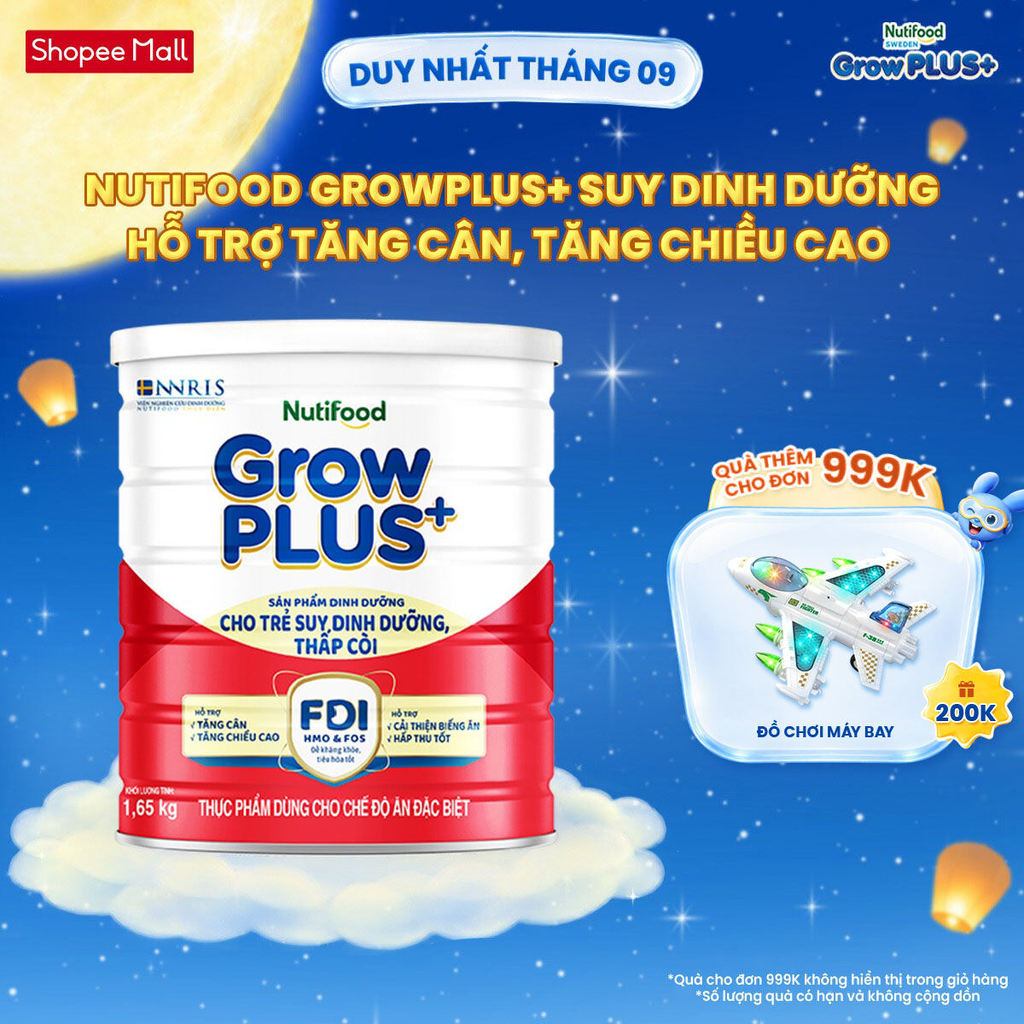 Sữa bột Nutifood GrowPLUS+ Suy Dinh Dưỡng (Đỏ) 1+ - Tăng Cân, Tăng Chiều Cao (Lon 1,65 Kg)