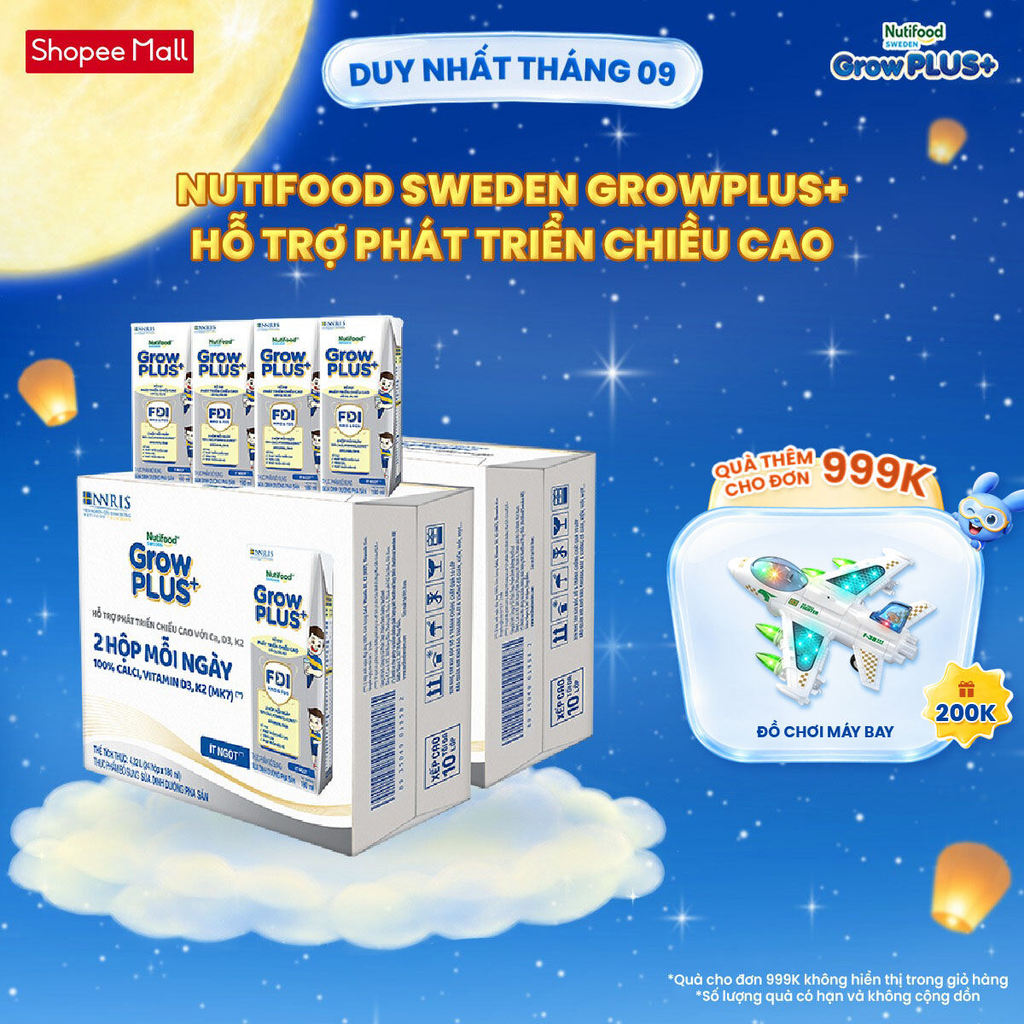 Combo 2 Thùng 24 Hộp Sữa Bột Pha Sẵn Nutifood Sweden GrowPLUS+ Cao lớn vượt trội hộp 180 ml