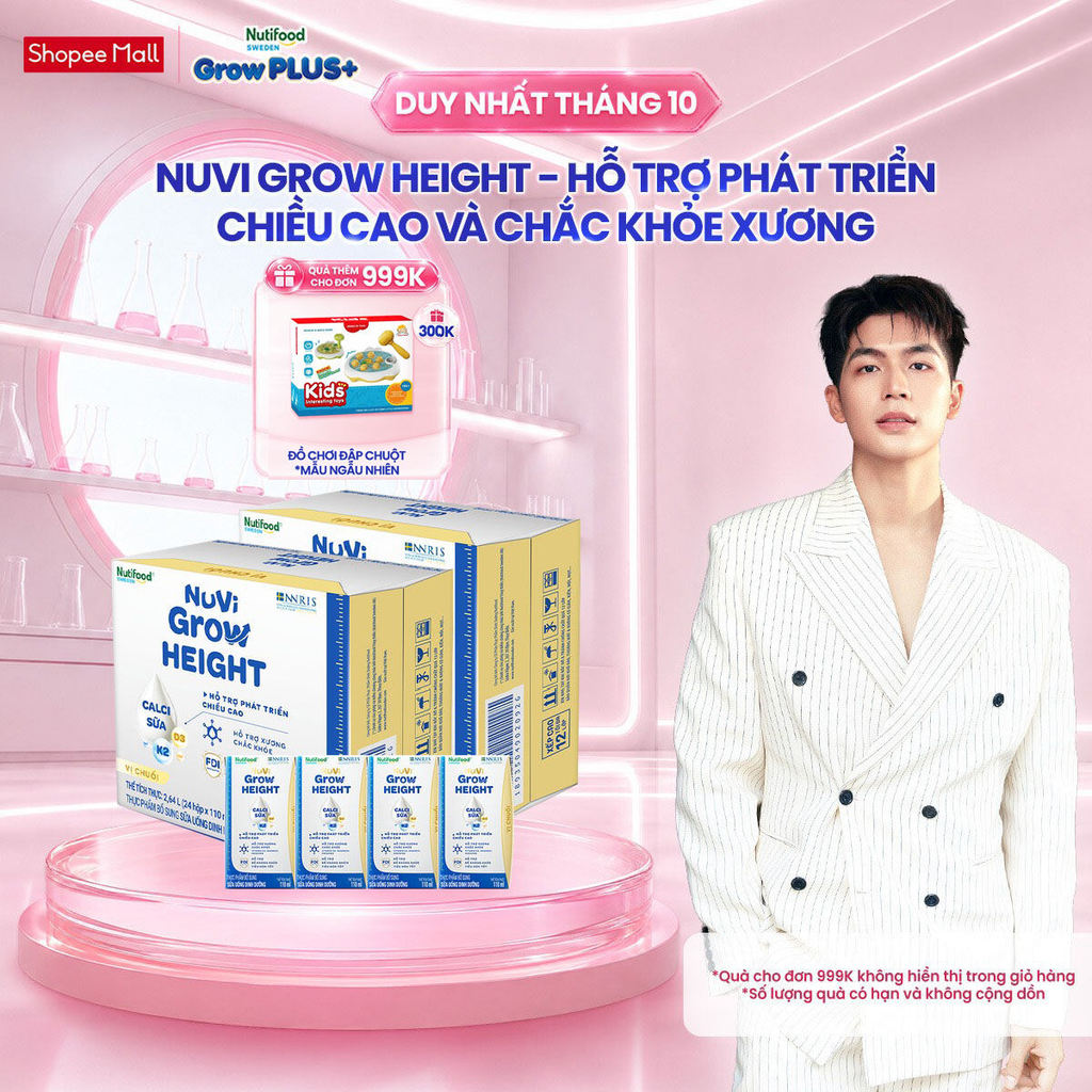 Combo 2 Thùng 24 hộp SBPS Nuvi Grow Height vị chuối 1+ hỗ trợ phát triển chiều cao hộp 110ml