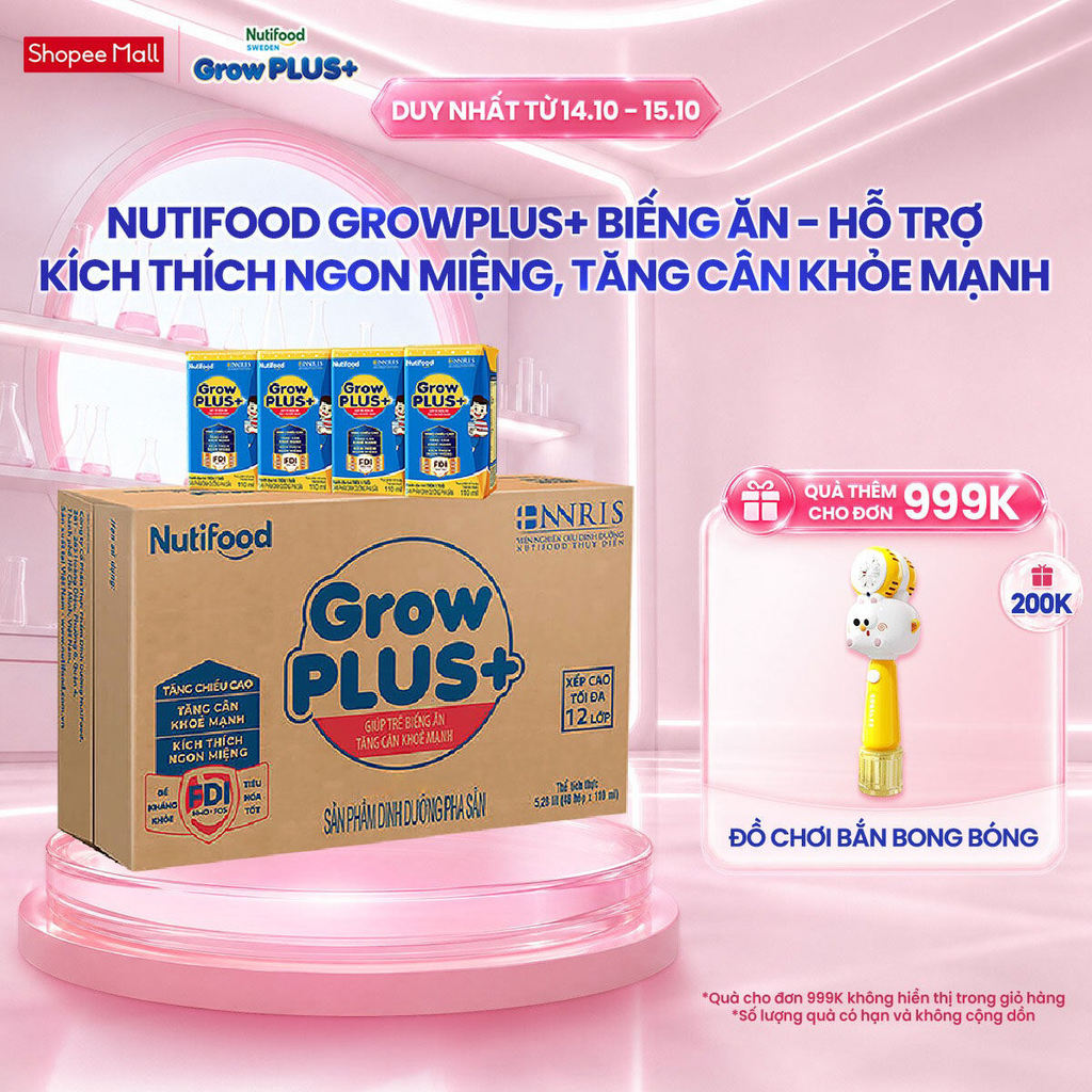 Thùng 48 hộp Sữa Bột Pha Sẵn Nutifood GrowPLUS+ Biếng Ăn (Xanh) 110ml - Trên 2 tuổi - Tăng Cân Khỏe Mạnh