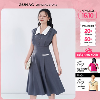 Đầm nữ A cổ V phối trắng xếp ly 2 lớp vải bố linen dày dặn thanh lịch thời trang GUMAC DF05054