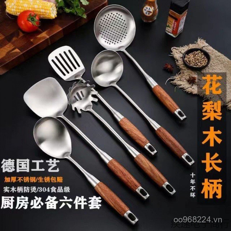 Nhà Bếp Khuấy-Frying Thìa Hộ Gia Đình Bộ Dày Chống Bỏng 304 Thìa Chiên Thìa Thìa Inox Gỗ Hoa Hồng Th