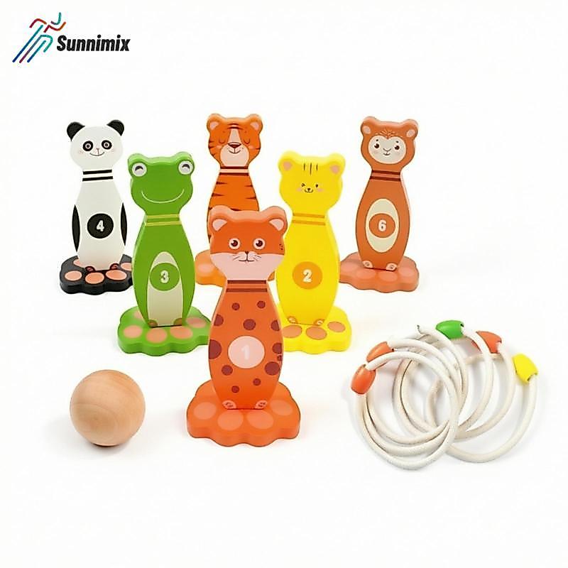 Sunnimix Động Vật Bowling Trò Chơi Nặng Hoop Toss Bộ Chân Gỗ Chắc Chắn Bowling
