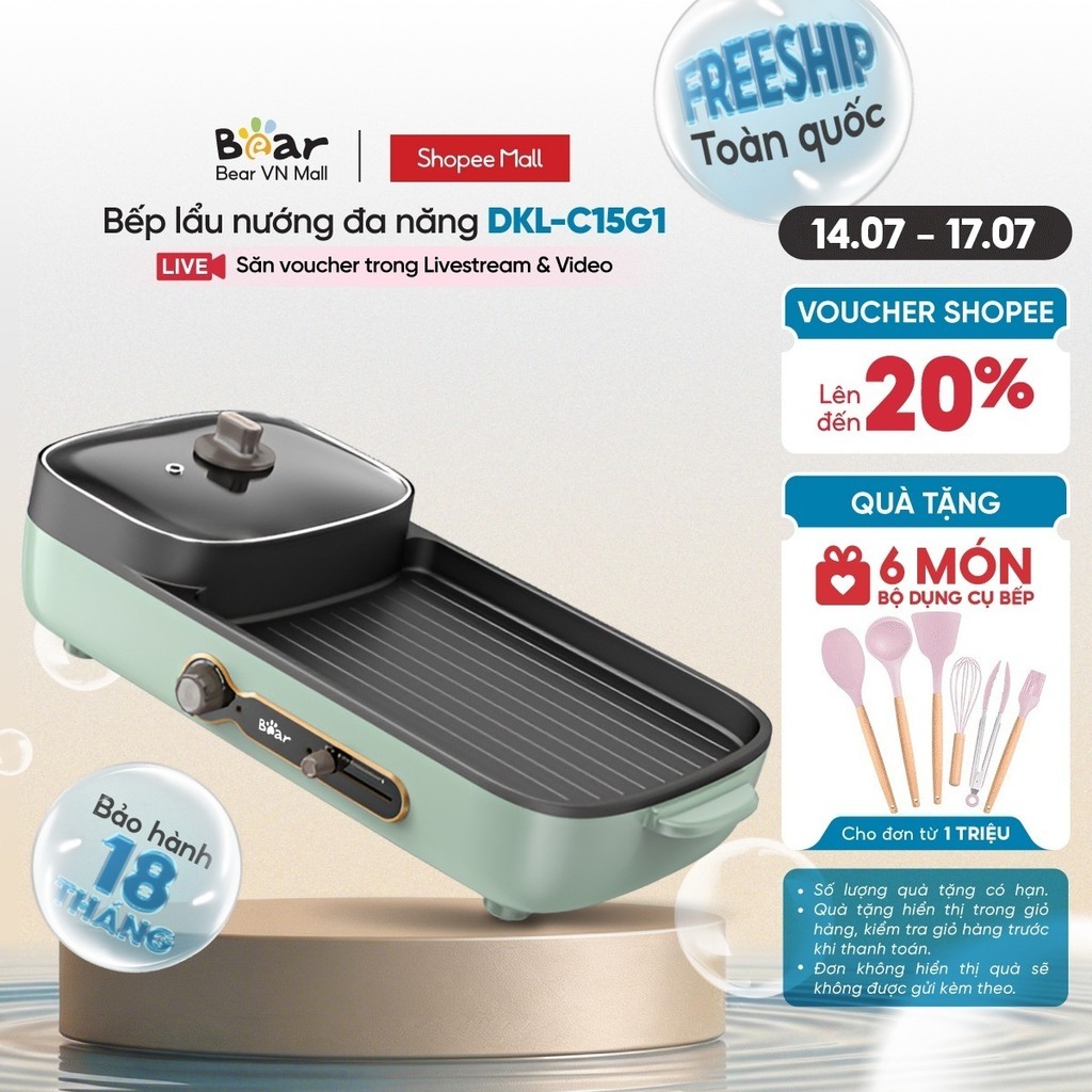Bếp Lẩu Nướng Điện 2 Ngăn Đa Năng 2in1 Bear 3L DKL-C15G1 - Hàng Chính Hãng - Bảo Hành 18 Tháng