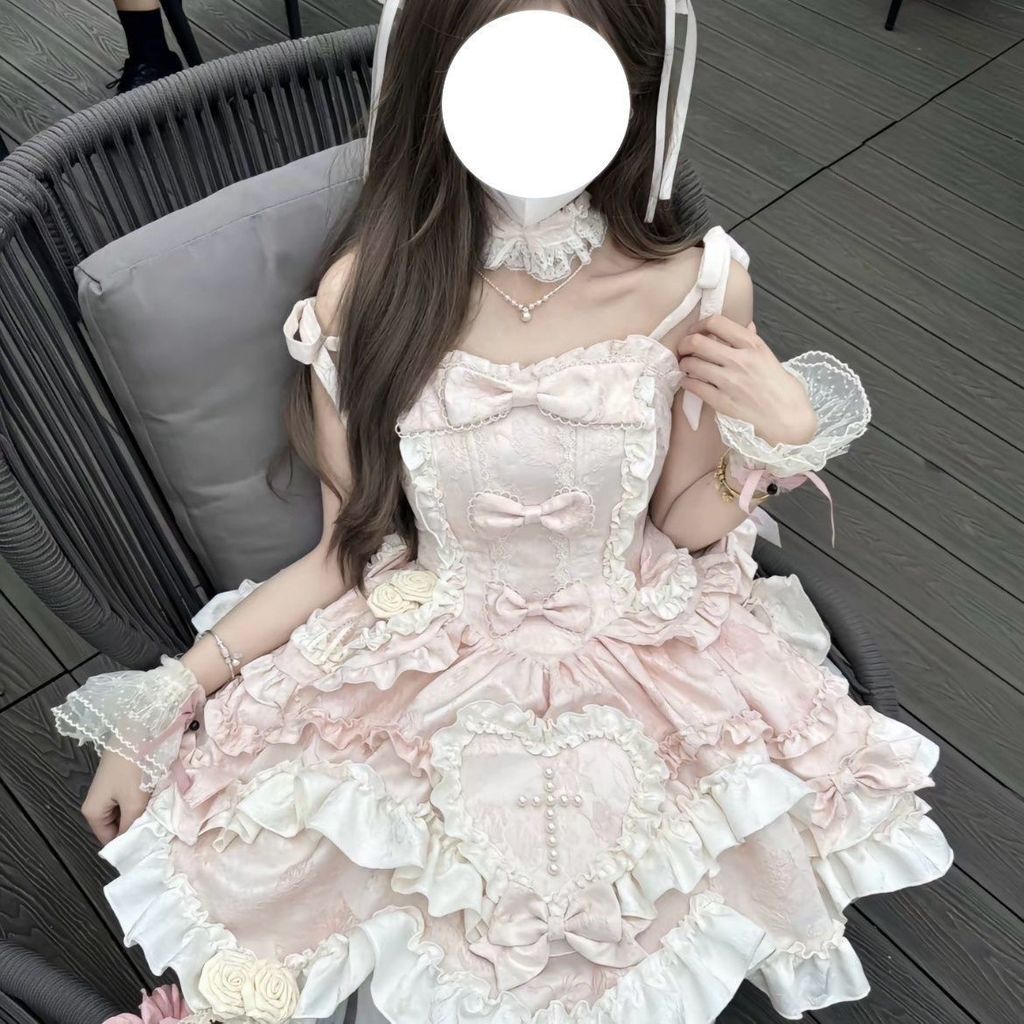 Chính hãng Fushan Ánh Sáng Bướm Eo Hồng Nút Thắt Trái Tim Fu Đầm Hàng Ngày lolita