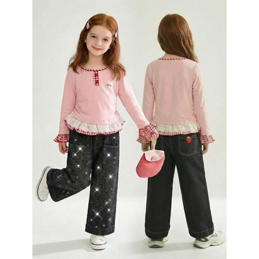 Quần jean Baggy pha lê màu đen Y2K Dạo phố Teen Girls Thu Đông