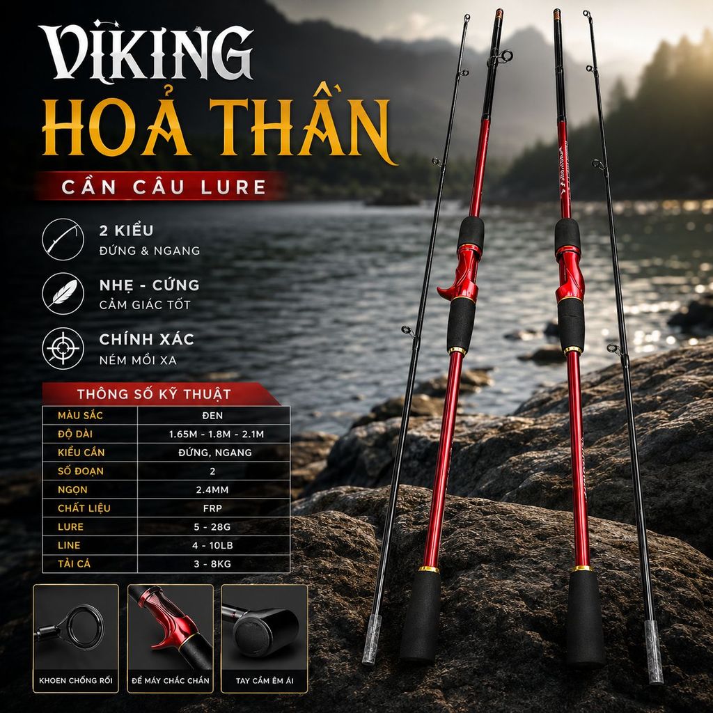 Cần Máy Đứng Máy Ngang VIKING Hỏa Thần 1.65m-2.1m – Cần Lure Carbon FRP, Đánh Cá Lóc, Cá Chẽm
