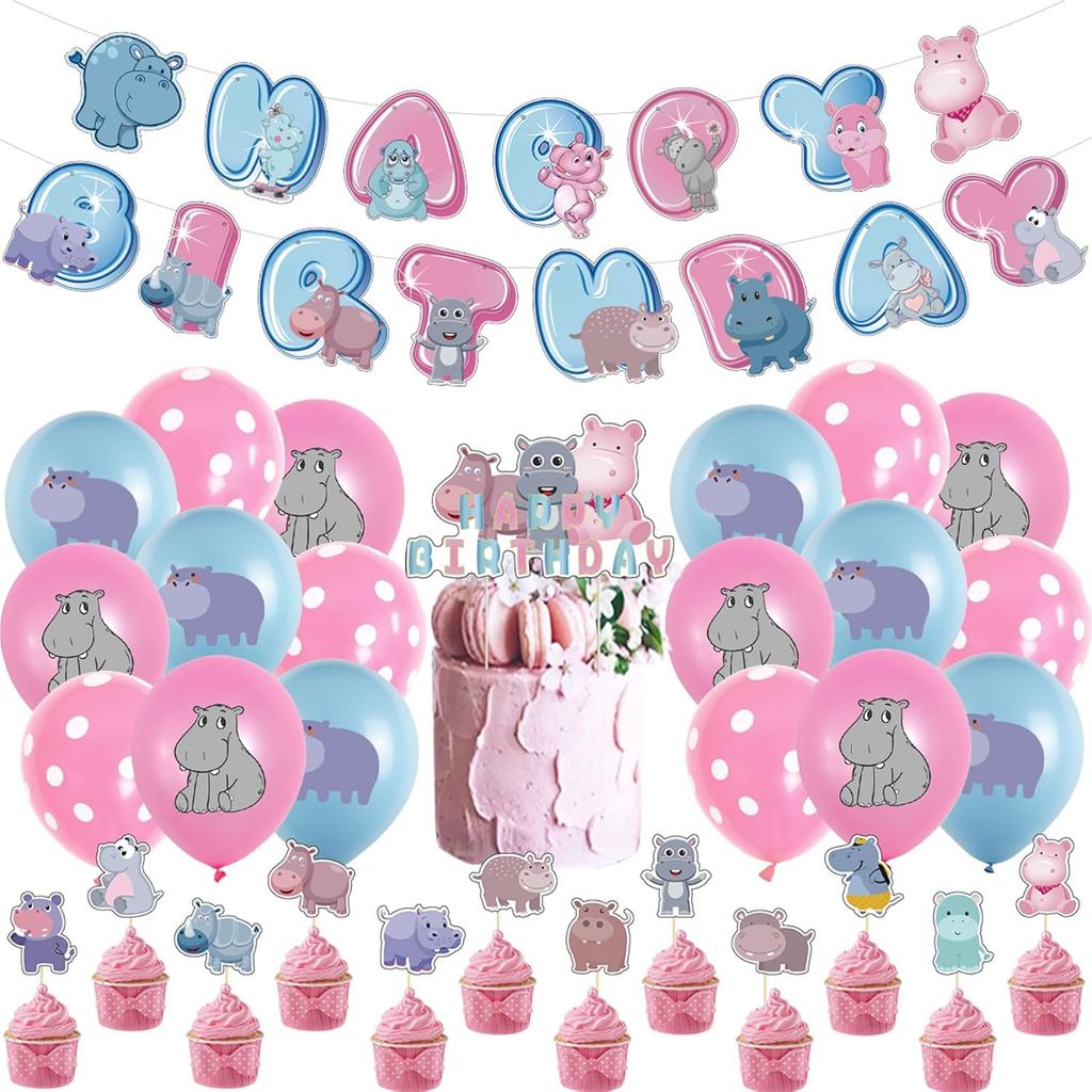 Hippo Sinh Nhật Đồ Dùng Tiệc Hippo Dễ Thương Trang Trí Tiệc Bao Gồm HAPPY SINH NHẬT Biểu Ngữ Bóng Ba