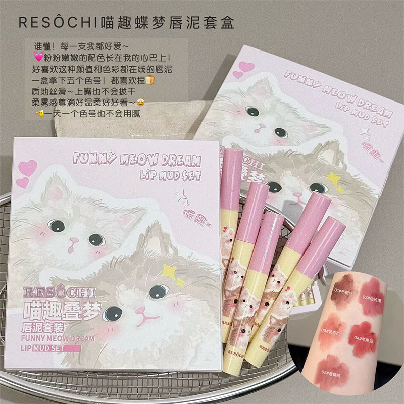 RESOCHI Meow Fun Dream Lipstick Set Box Powder Mist Mud Feel White Texture Cute Girl Daily Lipstick 