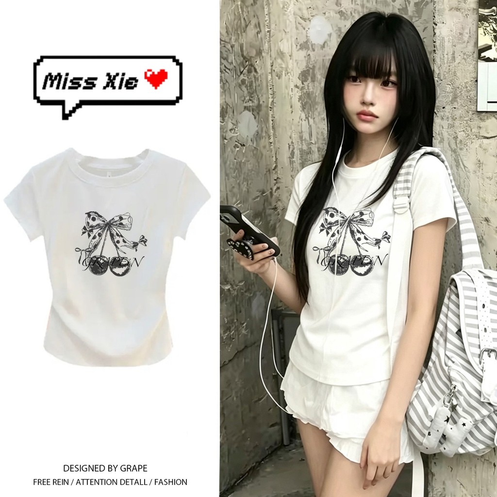 COD✅(Hồ Chí Minh) 🚚Miss shop Short sleeve tee nữ in cherry polka dot bow graphic áo thun nữ phong cá