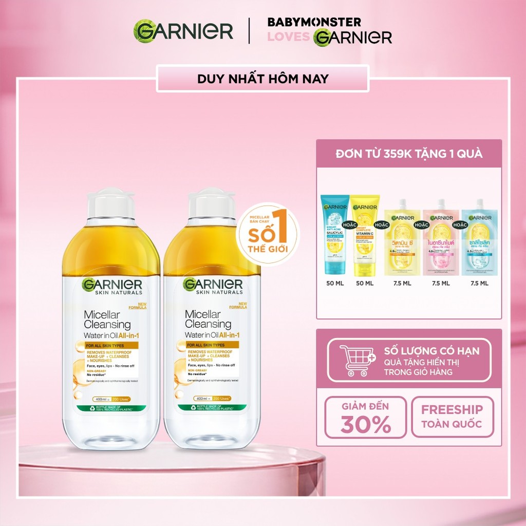 Bộ 2 nước làm sạch và tẩy trang cho da khô & trang điểm Garnier Micellar Water 400ml x 2