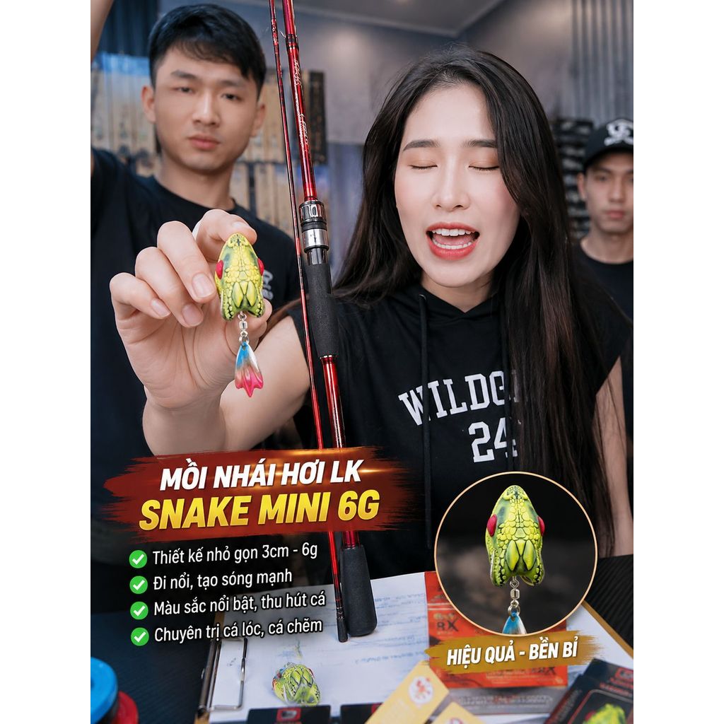 Combo Cần Câu Lure LK 1m98 MH + Mồi Snake Mini – Cần Máy Ngang/Đứng, Bộ Câu Lure Cá Lóc Giá Tiết Kiệ