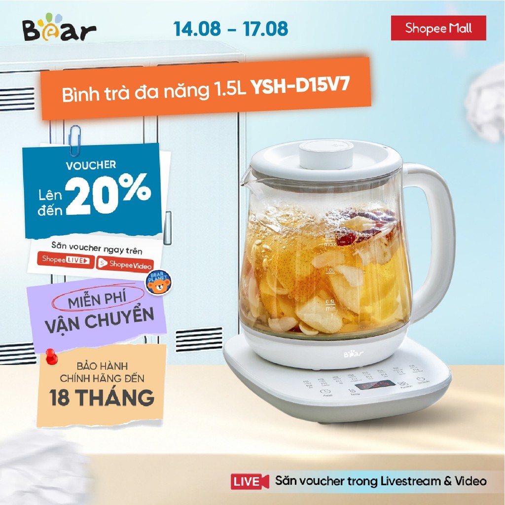 Bình Đun Nước Đa Năng 1.5L Bear YSH-D15V7 - Hàng Chính Hãng