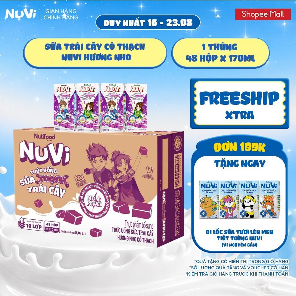 Thùng 48 Hộp Thức Uống Sữa Trái Cây Có Thạch NuVi Hương Nho 170ml