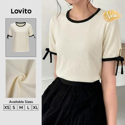 (New Arrival) Lovito Áo thun nữ màu mơ thanh lịch mùa Xuân/Hè màu sắc tương phản chất liệu vải TSK8P2D1011