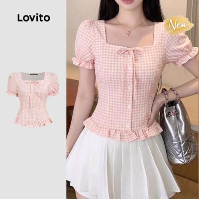 (New Arrival) Lovito Áo sơ mi nữ tay bồng buộc dây trước cài nút viền lá bèo mùa xuân/hè màu hồng BLB198P1D077