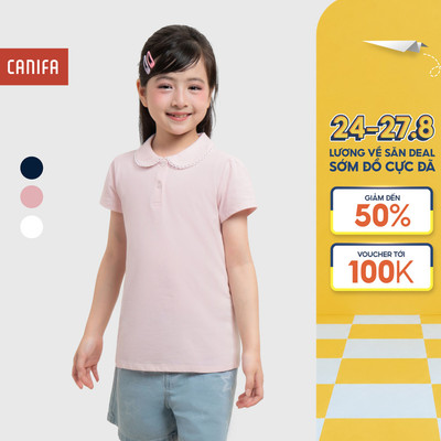 Áo polo bé gái CANIFA chất cotton USA cổ lá cộc tay phối viền PS26 1TP26S001