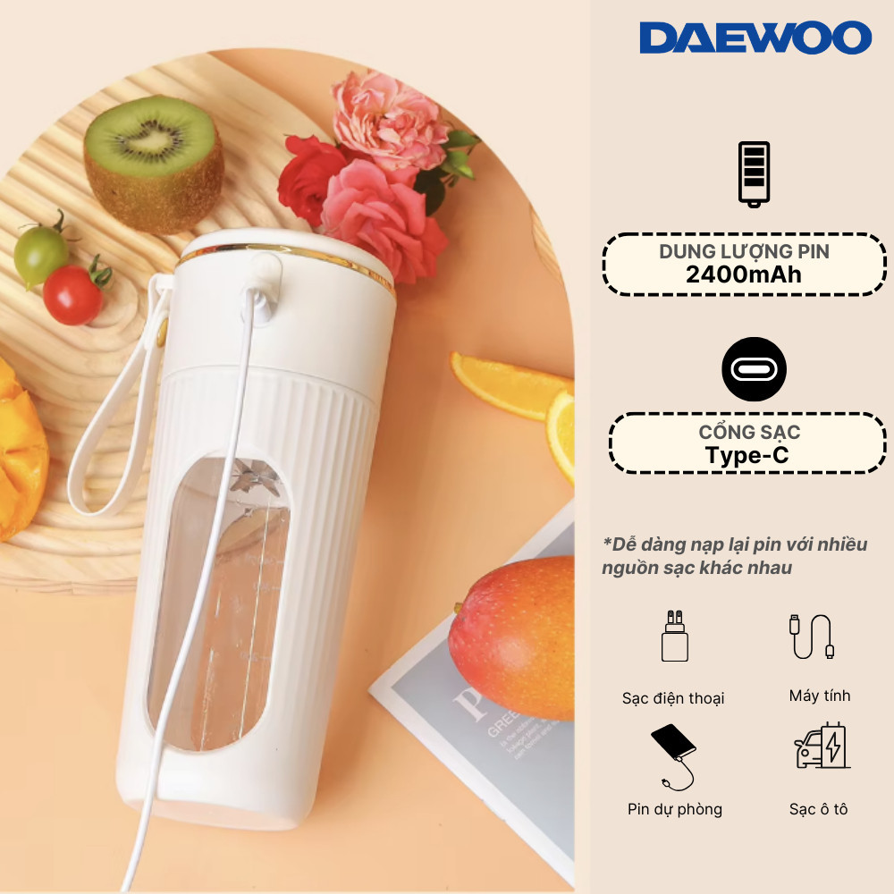 ☀ Máy Xay Sinh Tố Cầm Tay DAEWOO DWBL-3424 400ml - Ly Xay Trái Cây - Đầu sạc USB - BH 12 Tháng ☀