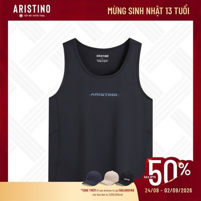 Áo Ba Lỗ Tanktop Đen Nam logo Aristino, dáng suông thoải mái, không tay, cổ tròn ATT005AS0