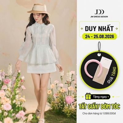 Set bộ Áo sơ mi cổ đức đính nơ 2R06.2503OG, Chân váy A ngắn họa tiết, đè dây gấu 4R03.2503OG, bộ đồ nữ tiểu thư sang JM