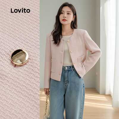 Lovito thanh lịch Áo khoác nữ mùa thu đông áo khung khuyết màu hồng mã L156AD250