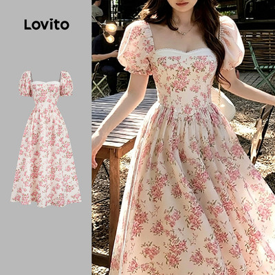 Lovito Đầm nữ dáng suông hoa văn ren thiết kế nhún phù hợp mùa Xuân/Hè L191AD089