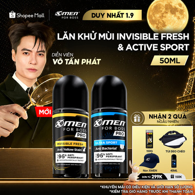 [MỚI] Lăn Khử Mùi Xmen for Boss PRO 50ml Invisible Fresh & Ultra Sport 96H Giảm Mùi Mồ Hôi & Vệt Ố Vàng,Hương Nam Tính