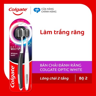 Bộ 2 bàn chải Colgate trắng răng Optic White đầu chải to, lông chải 2 tầng xoắn kép