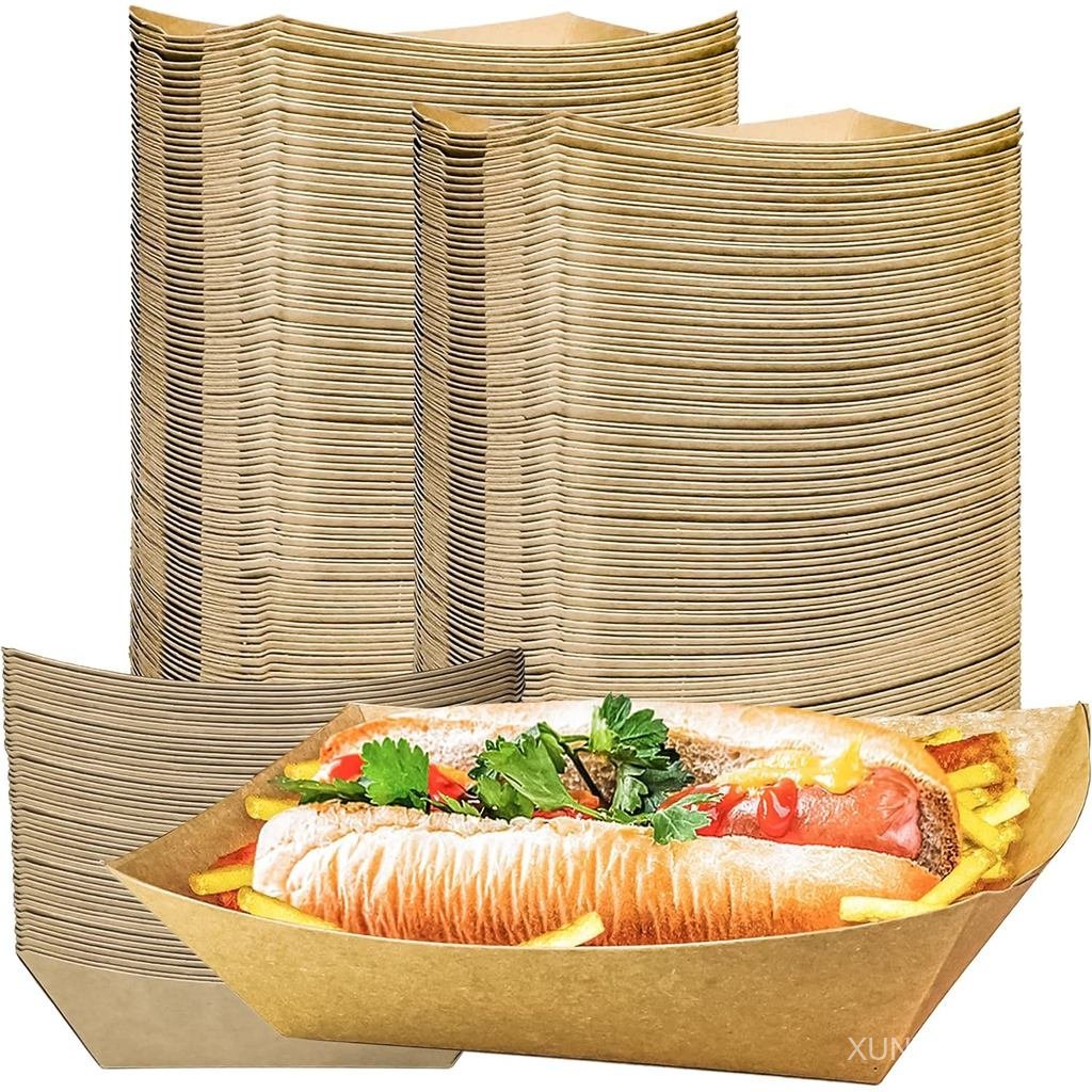 100 Pack 3lb Kraft Paper Food Trays, Heavy-Duty Paper Food Boat Disposable Serving Basket Tray for F