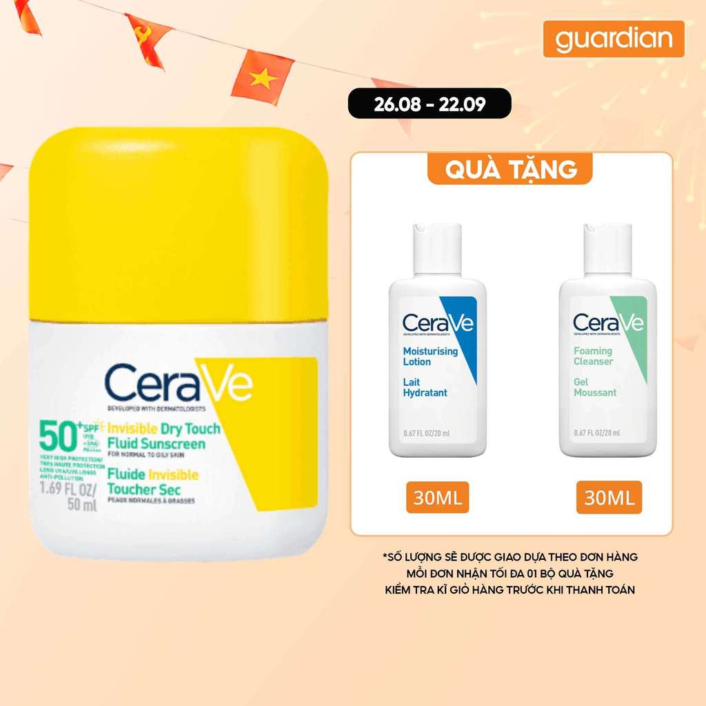 Sữa Chống Nắng Mỏng Nhẹ Cerave Invisible Dry Touch Fluid Sunscreen Spf 50+ Pa++++ 50ml | Guardian Vi