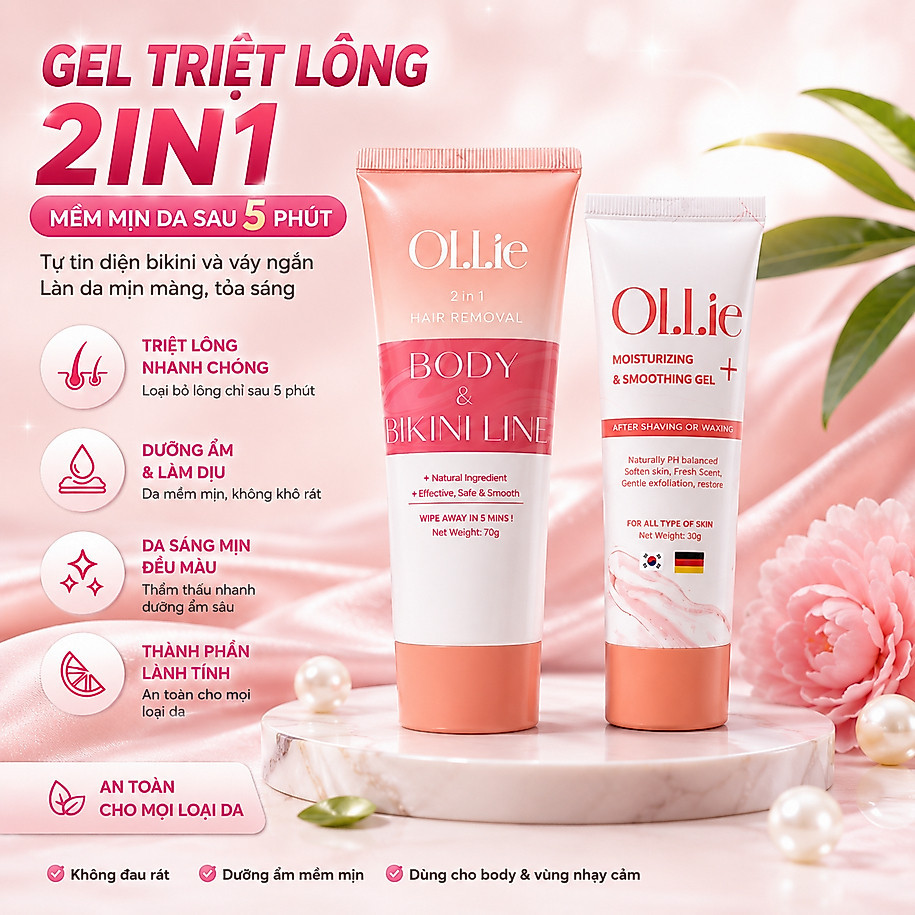 Kem tẩy lông Ollie tẩy vùng kín nách tay chân 70g+Kem dưỡng sau tẩy lông làm dịu da và làm chậm quá 